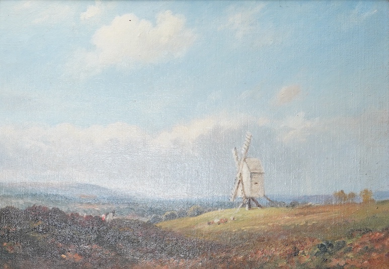 Edward Henry Holder (exh. 1864-1917), oil on canvas board, ‘Sussex windmill’, unsigned, 25 x 34cm, applied plaque to the ornate gilt frame